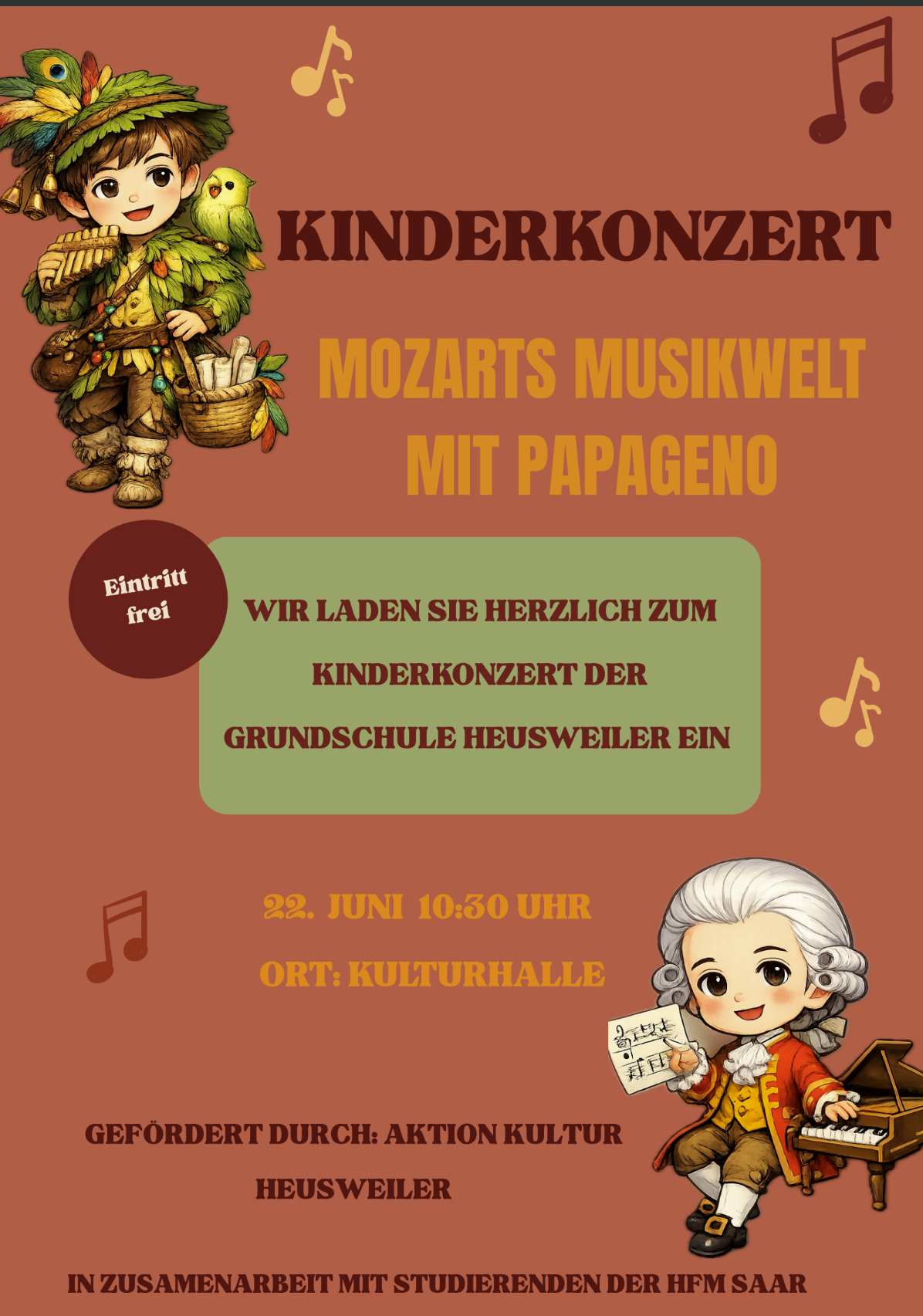 „Musik mit allen Sinnen“ - Abschlusskonzerte unter dem Motto „Mozarts Musikwelt mit Papageno“ (3 Termine)